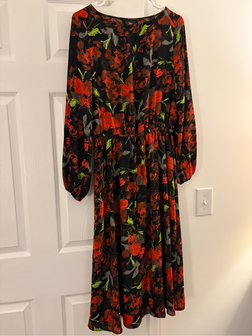 Willow Black Maxi Dress with Red Floral Pattern and Green Leaves